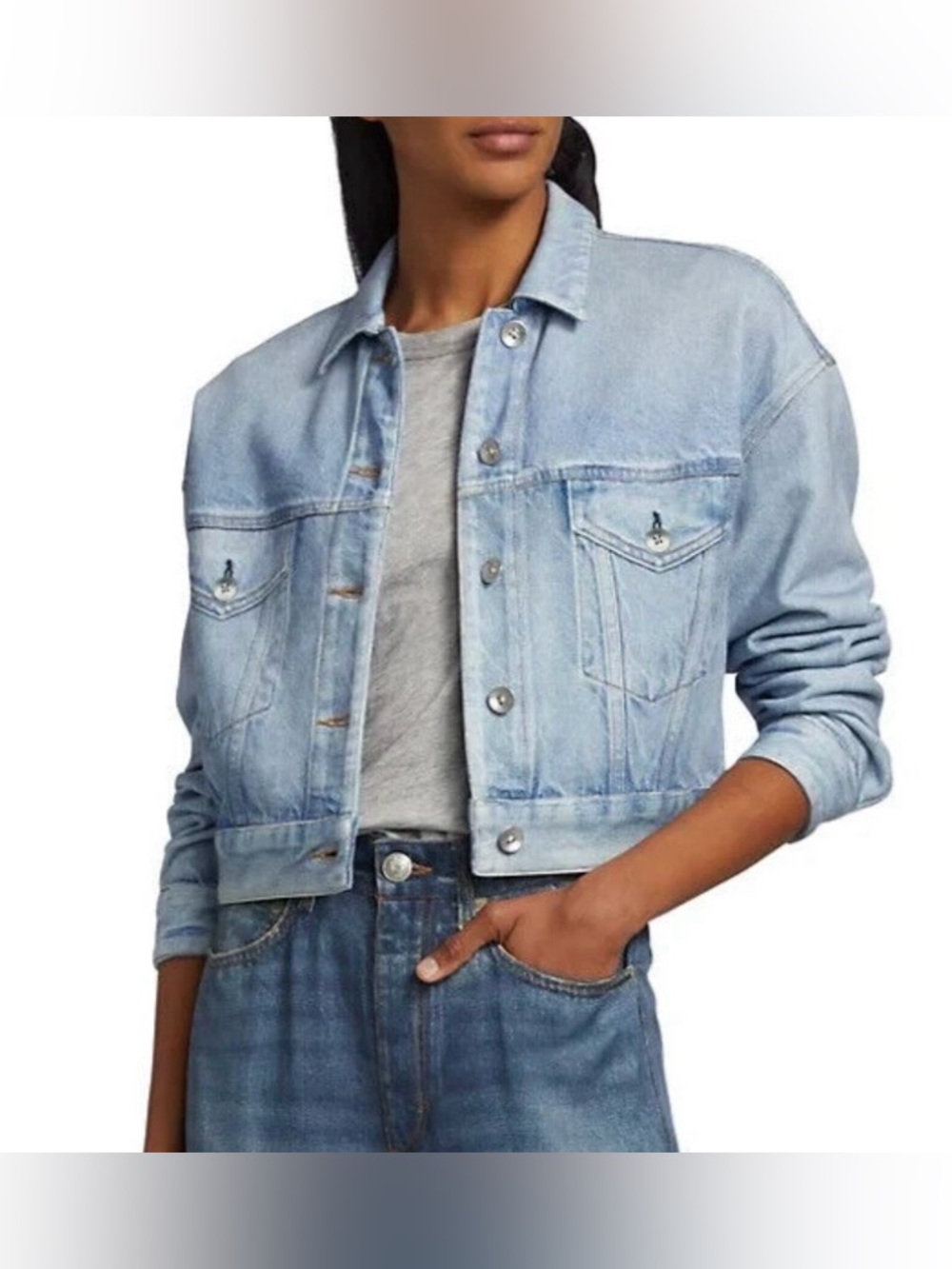 Rag & Bone Cropped Miramar Trucker Jacket Women's Small Blue Denim Print